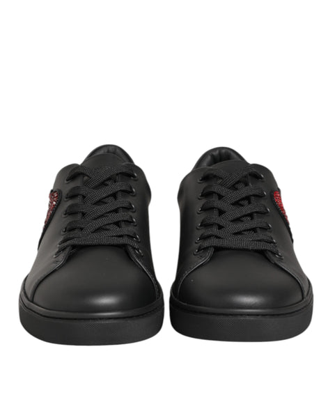Dolce & Gabbana Black Leather Crystal Heart Sneakers  Shoes Dolce & Gabbana