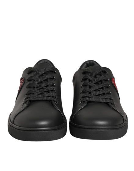 Dolce & Gabbana Black Leather Crystal Heart Sneakers  Shoes Dolce & Gabbana