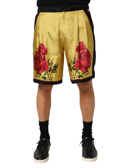 Dolce & Gabbana Yellow Floral Print Silk Men Bermuda Shorts Dolce & Gabbana