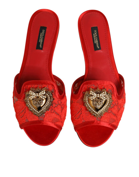 Dolce & Gabbana Red Devotion Lace Flats Slip On Sandals Shoes Dolce & Gabbana