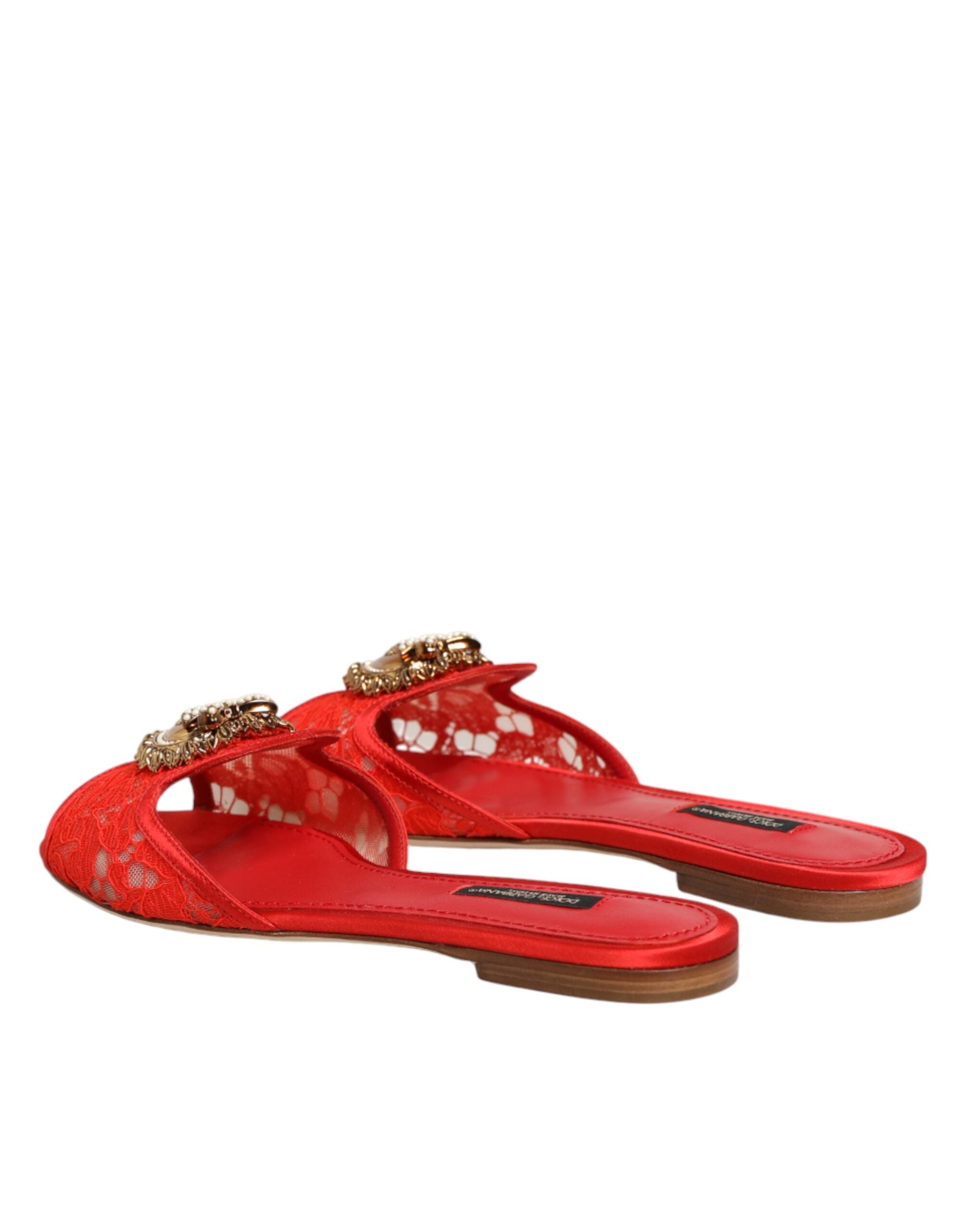 Dolce & Gabbana Red Devotion Lace Flats Slip On Sandals Shoes Dolce & Gabbana