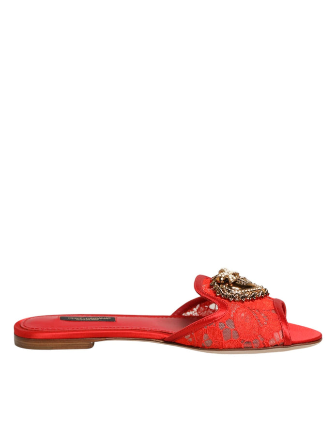 Dolce & Gabbana Red Devotion Lace Flats Slip On Sandals Shoes Dolce & Gabbana