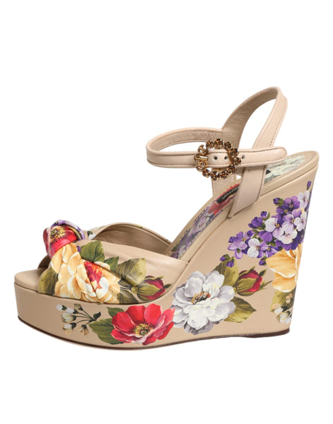 Dolce & Gabbana Beige Floral Ankle Strap Wedge Sandals Shoes Dolce & Gabbana