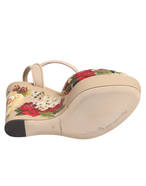 Dolce & Gabbana Beige Floral Ankle Strap Wedge Sandals Shoes Dolce & Gabbana