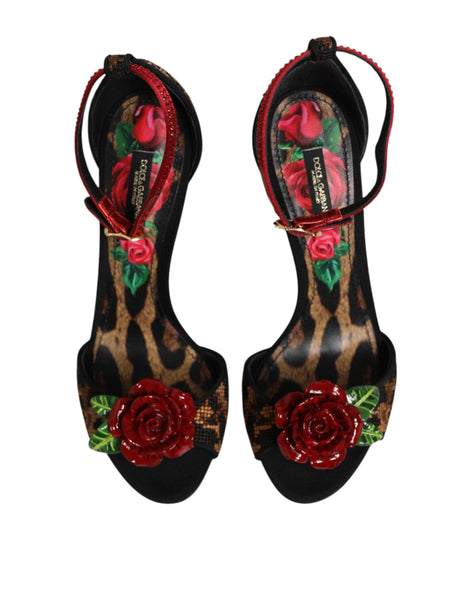 Dolce & Gabbana Brown Leopard Crystal Roses Sandals Shoes Dolce & Gabbana