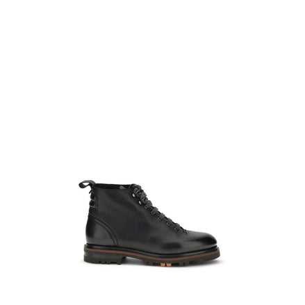 Santoni Black Calf Leather Bos Taurus Lace-Up Boots Santoni