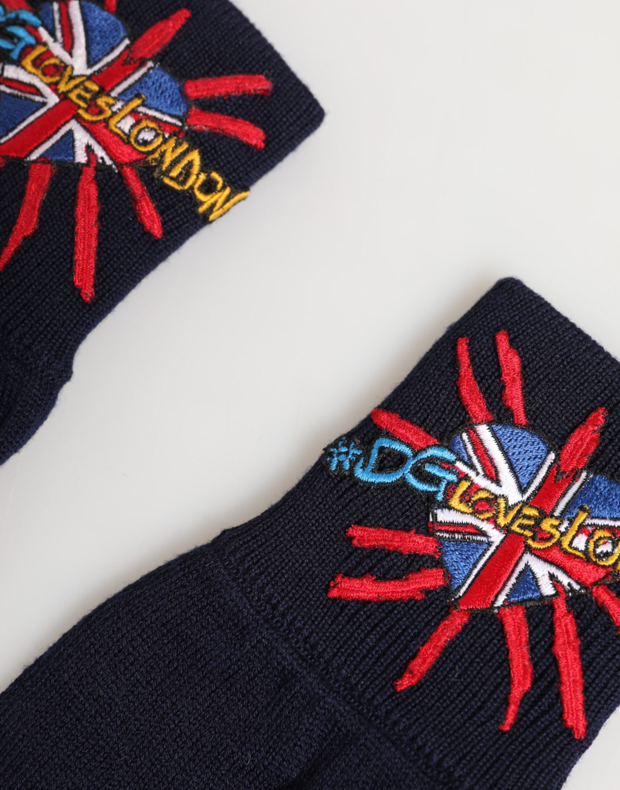 Dolce & Gabbana Blue Wool Knit #DGLovesLondon Embroidered Mitten Gloves Dolce & Gabbana