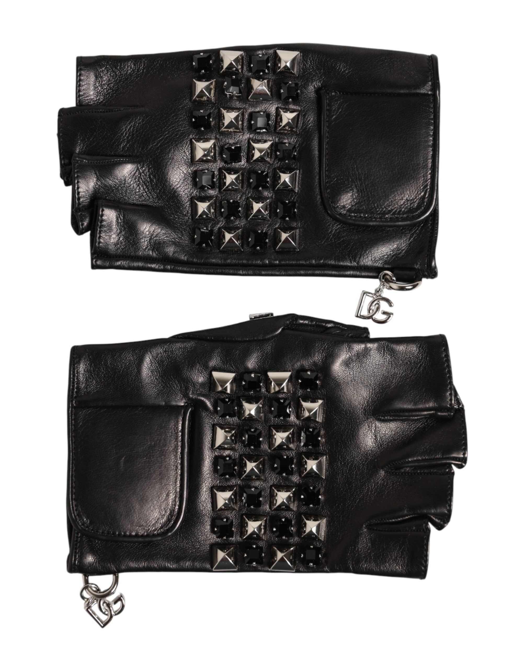 Dolce & Gabbana Black Leather Studded Fingerless Hand Mitten Men Gloves Dolce & Gabbana