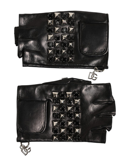 Dolce & Gabbana Black Leather Studded Fingerless Hand Mitten Men Gloves Dolce & Gabbana