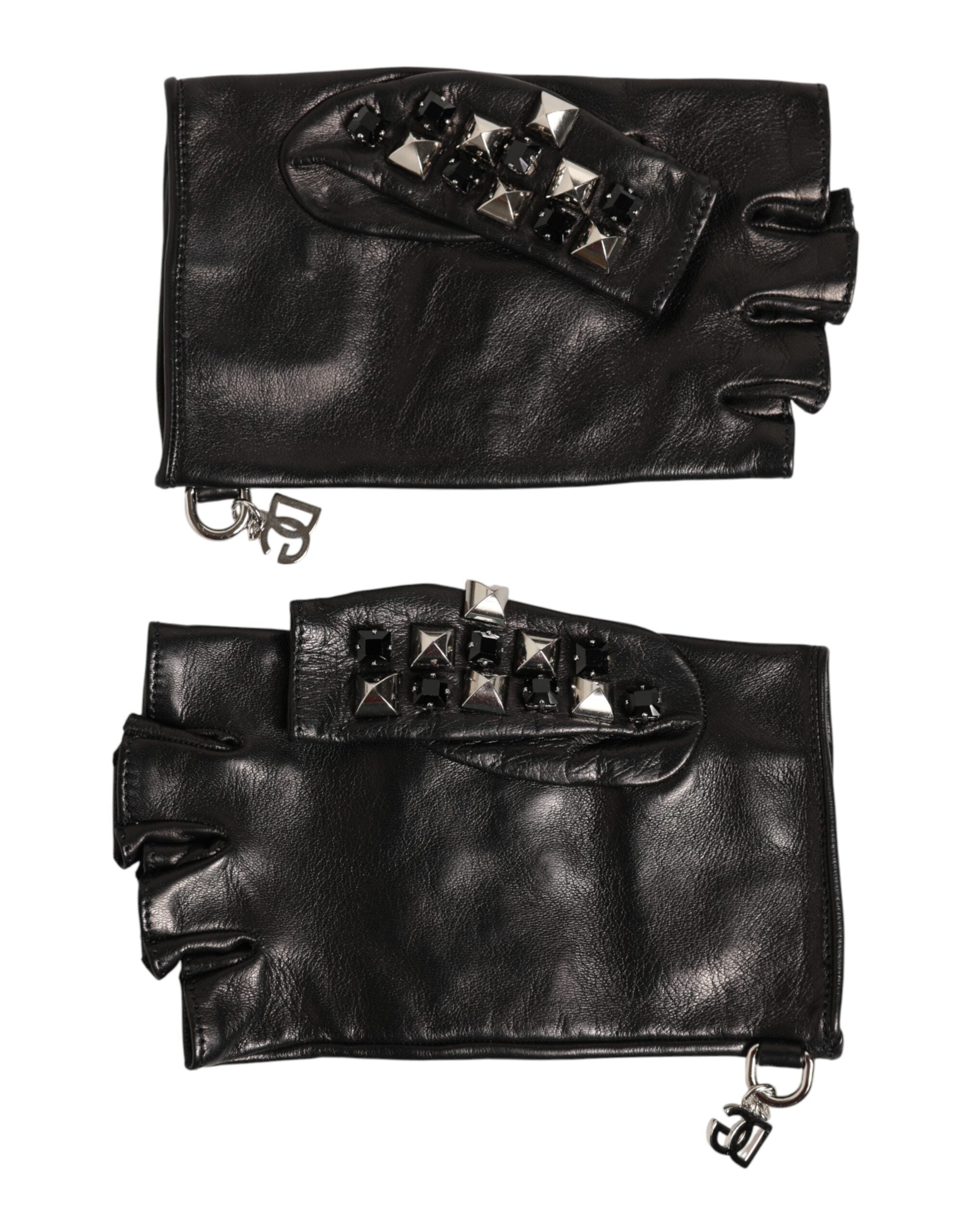 Dolce & Gabbana Black Leather Studded Fingerless Hand Mitten Men Gloves Dolce & Gabbana