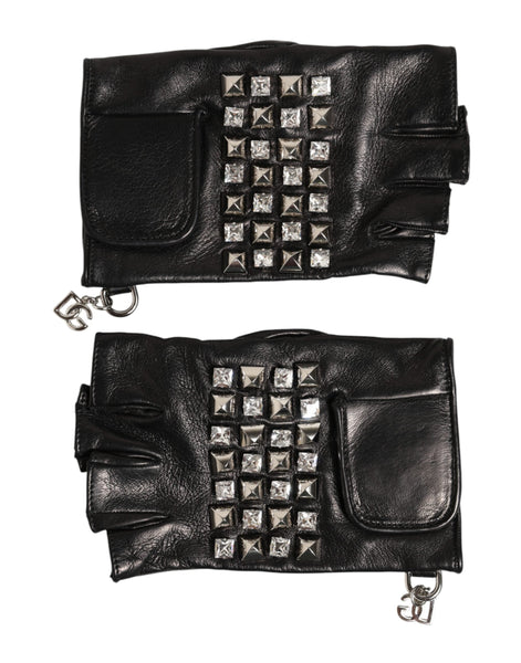Dolce & Gabbana Black Leather Studded Fingerless Hand Mitten Men Gloves Dolce & Gabbana