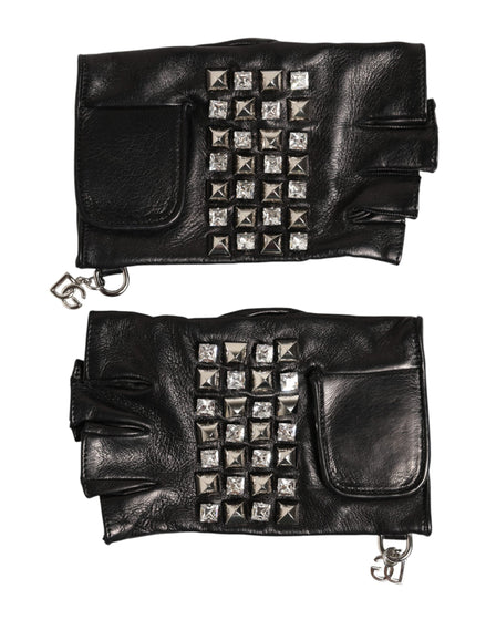 Dolce & Gabbana Black Leather Studded Fingerless Hand Mitten Men Gloves Dolce & Gabbana