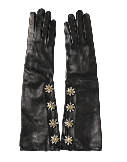 Dolce & Gabbana Black Leather Embellished Long Mitten Gloves Dolce & Gabbana