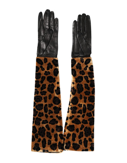 Dolce & Gabbana Brown Black Leopard Leather Elbow Length Mitten Gloves Dolce & Gabbana