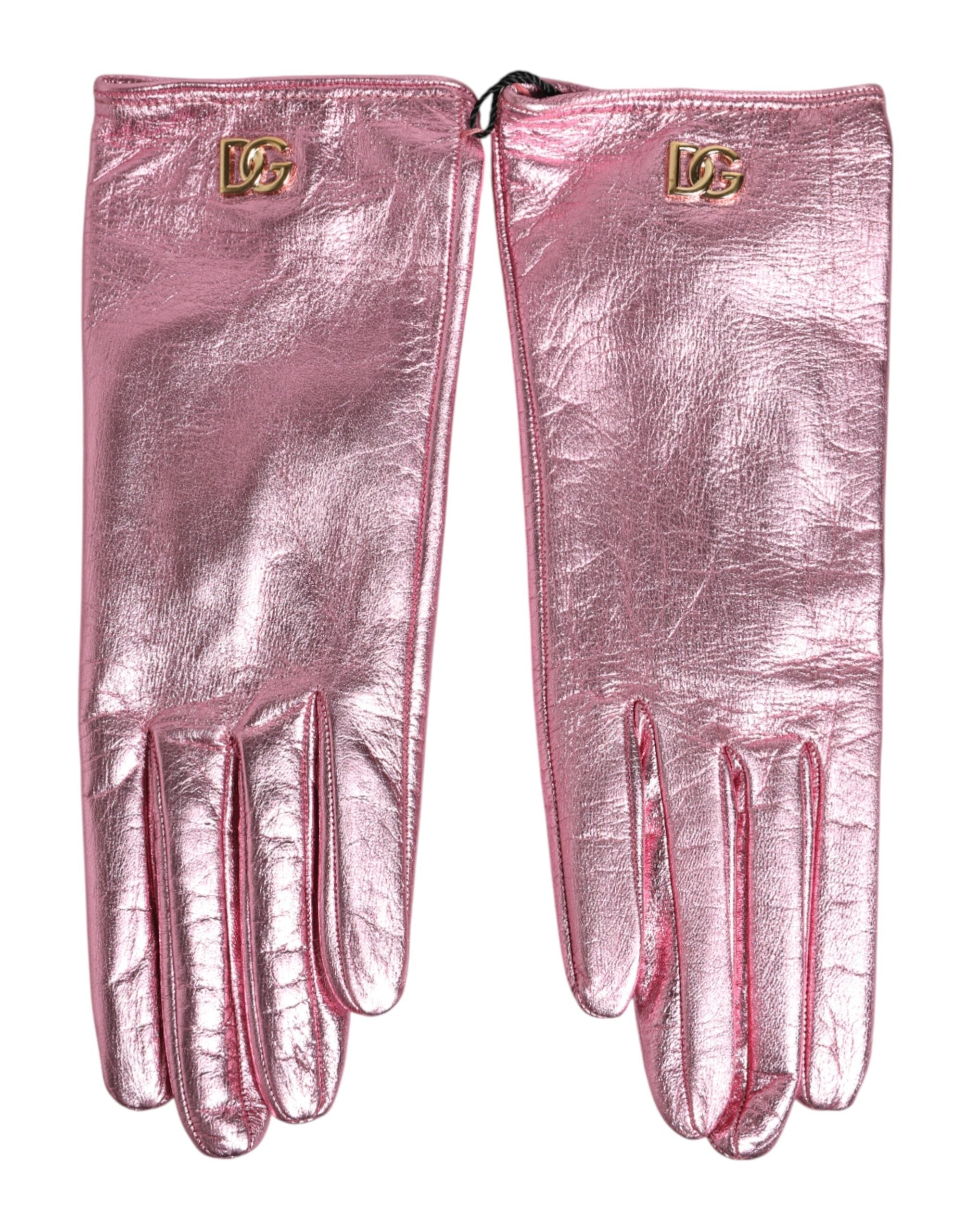 Dolce & Gabbana Pink Leather DG Logo Wrist Length Mitten Gloves Dolce & Gabbana