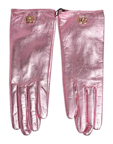 Dolce & Gabbana Pink Leather DG Logo Wrist Length Mitten Gloves Dolce & Gabbana