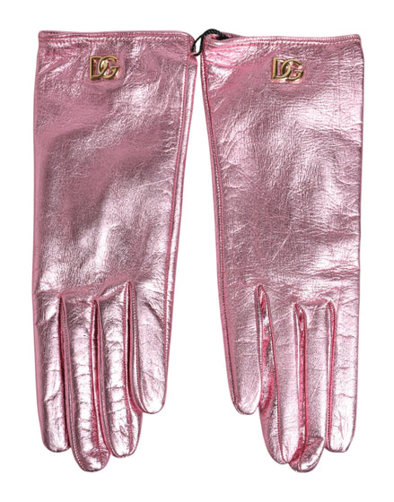 Dolce & Gabbana Pink Leather DG Logo Wrist Length Mitten Gloves Dolce & Gabbana