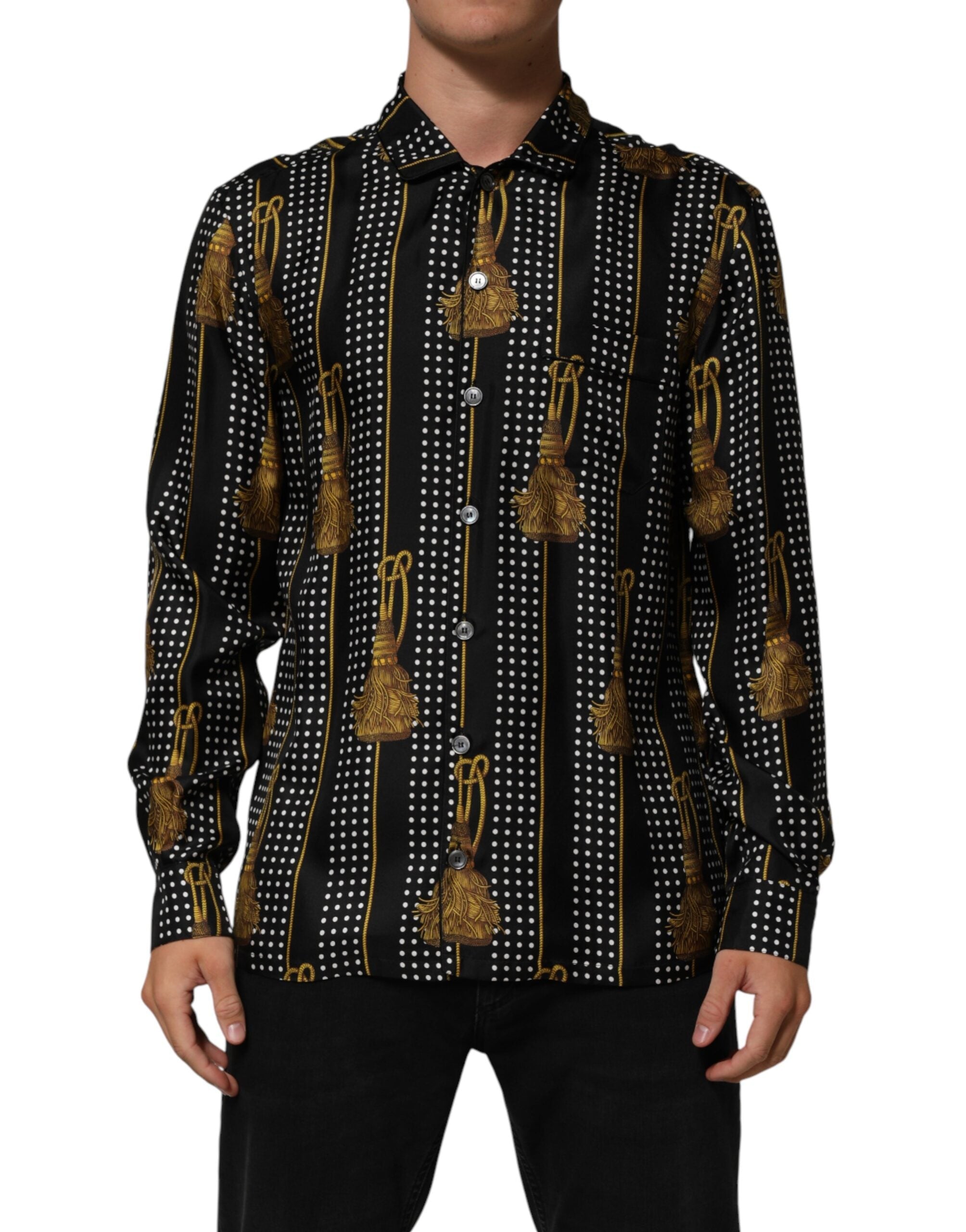 Dolce & Gabbana Black Dotted Tassel Silk Button Down Shirt Dolce & Gabbana