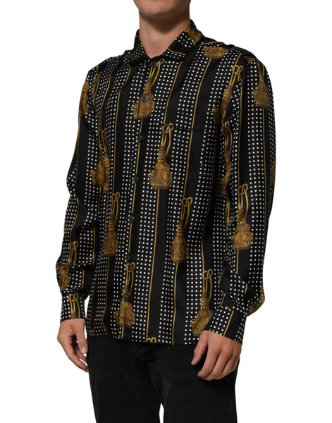 Dolce & Gabbana Black Dotted Tassel Silk Button Down Shirt Dolce & Gabbana