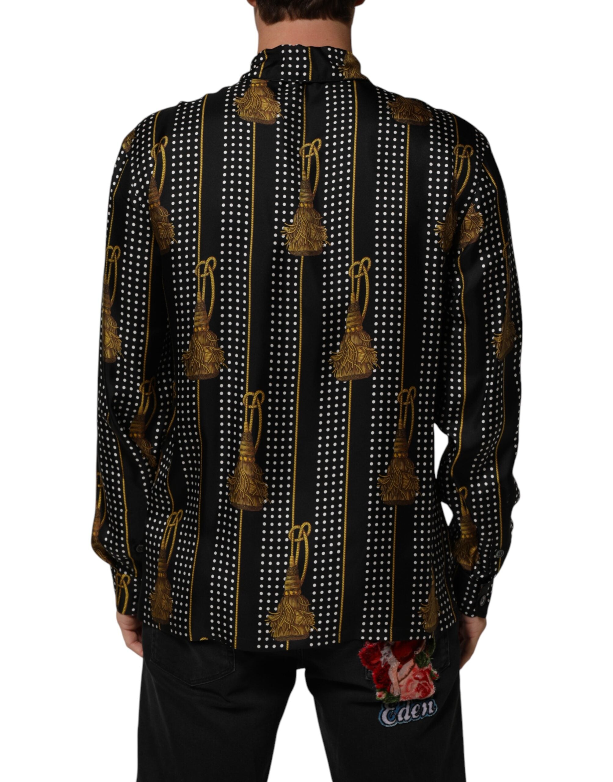 Dolce & Gabbana Black Dotted Tassel Silk Button Down Shirt Dolce & Gabbana