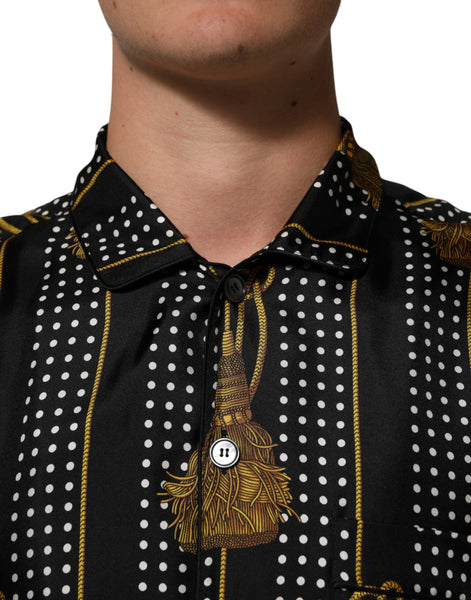 Dolce & Gabbana Black Dotted Tassel Silk Button Down Shirt Dolce & Gabbana