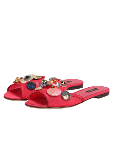 Dolce & Gabbana Red Embellished Flats Slip On Sandals Shoes Dolce & Gabbana
