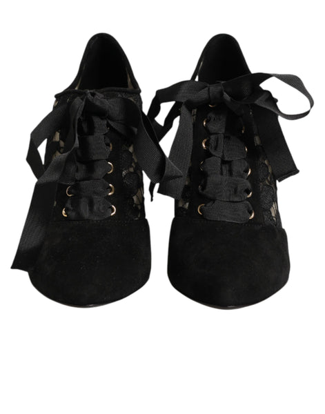 Dolce & Gabbana Black Floral High Heels LACE-UPS Pumps Shoes