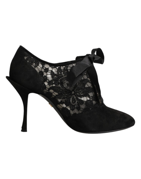 Dolce & Gabbana Black Floral High Heels LACE-UPS Pumps Shoes