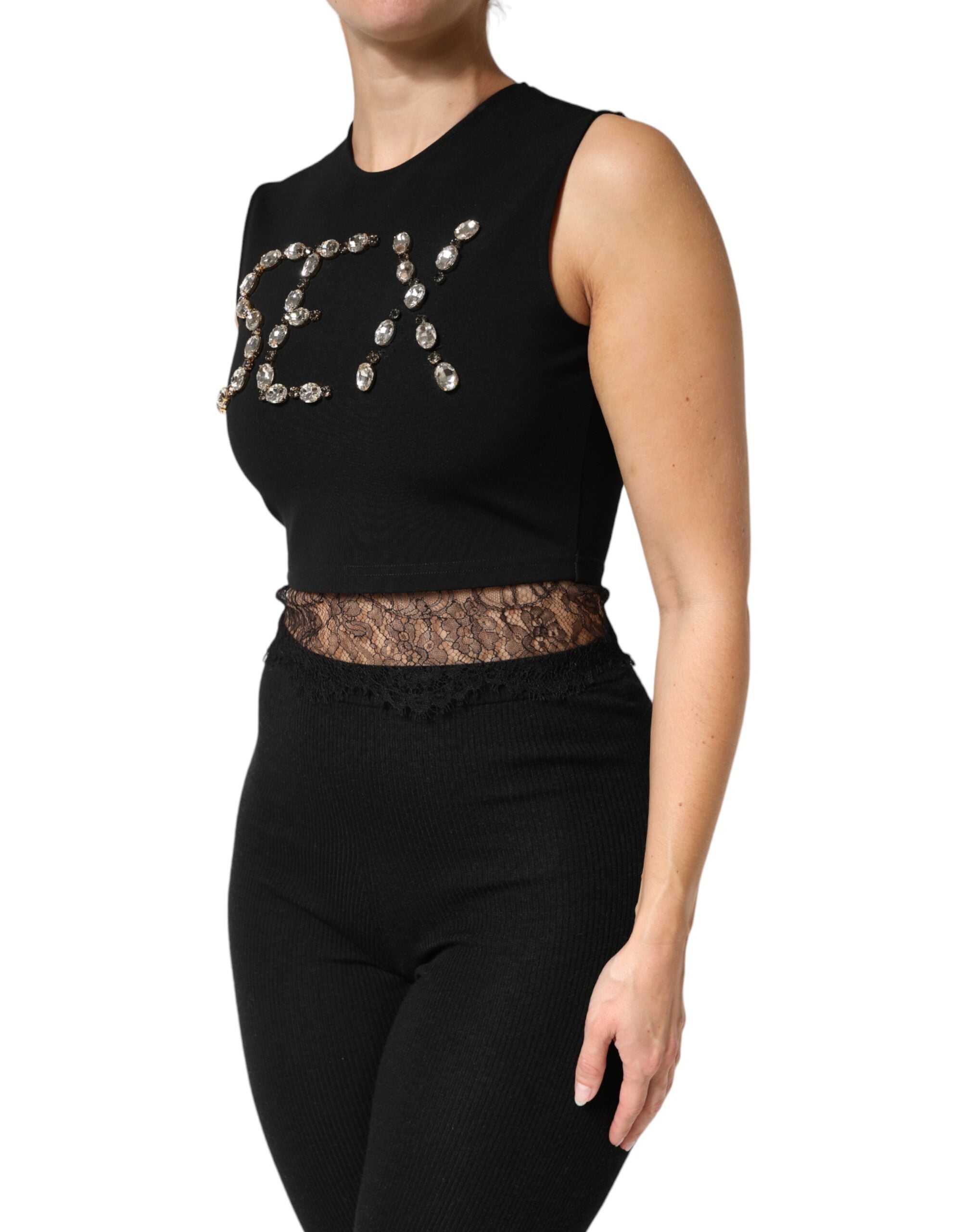 Dolce & Gabbana Black Jersey Lace Ruching Rhinestone Tank Top Dolce & Gabbana