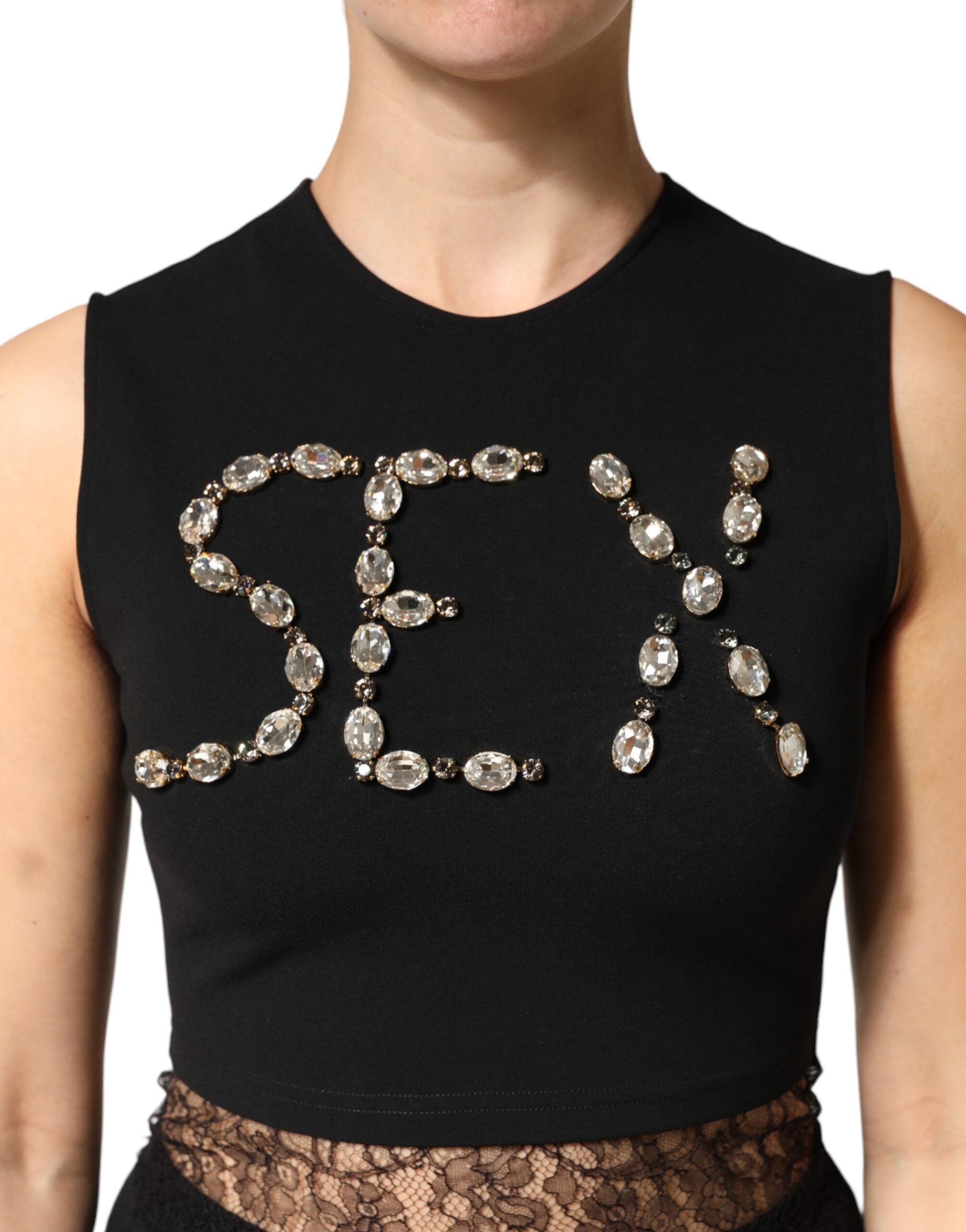 Dolce & Gabbana Black Jersey Lace Ruching Rhinestone Tank Top Dolce & Gabbana