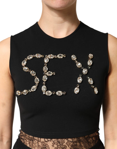 Dolce & Gabbana Black Jersey Lace Ruching Rhinestone Tank Top Dolce & Gabbana