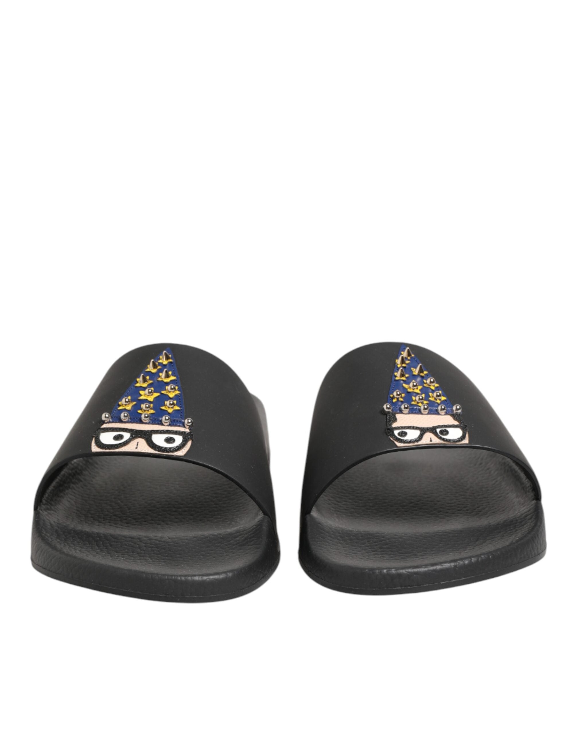 Dolce & Gabbana Black Leather Slides Sandals Beachwear Shoes Dolce & Gabbana
