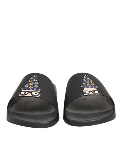 Dolce & Gabbana Black Leather Slides Sandals Beachwear Shoes Dolce & Gabbana