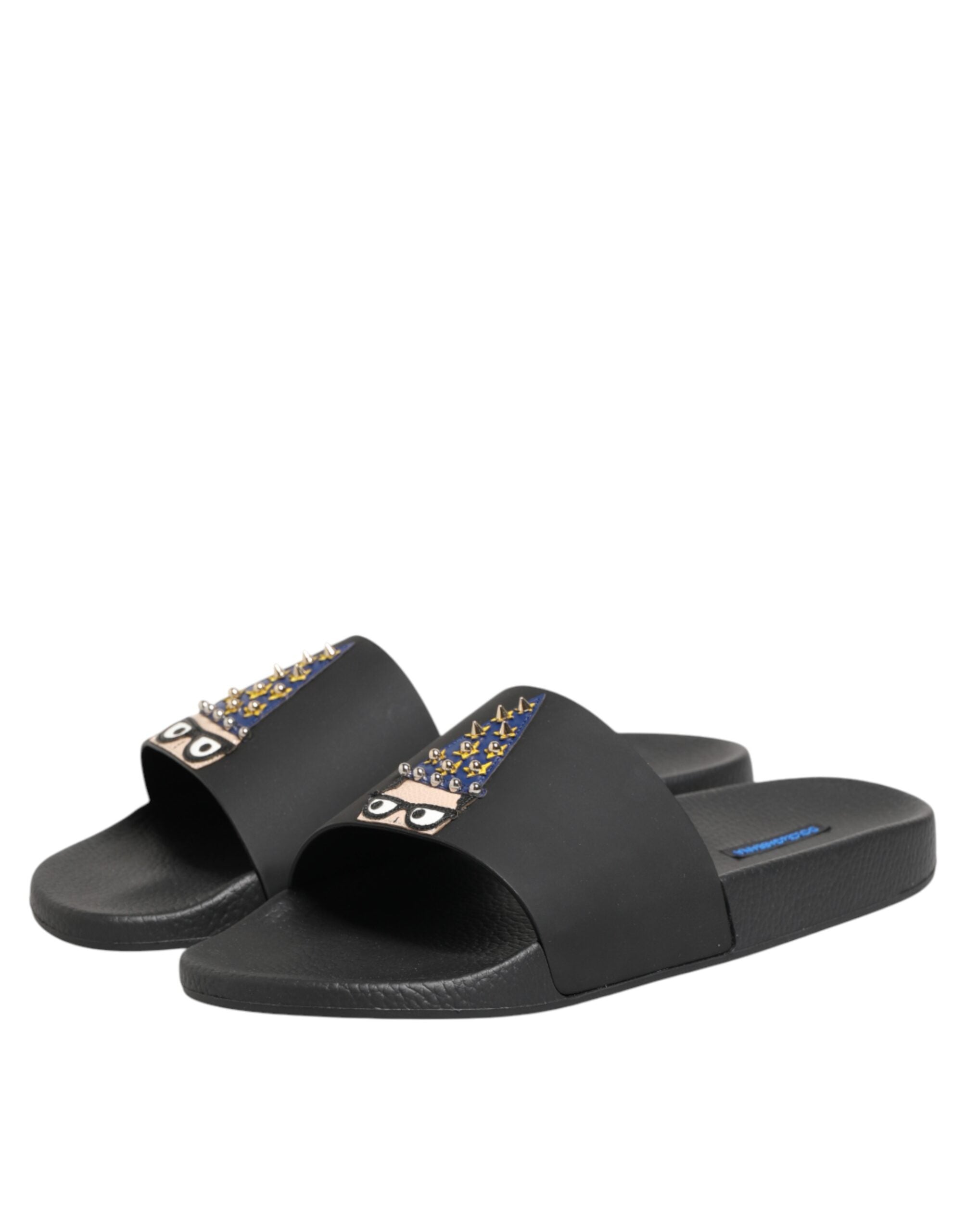 Dolce & Gabbana Black Leather Slides Sandals Beachwear Shoes Dolce & Gabbana