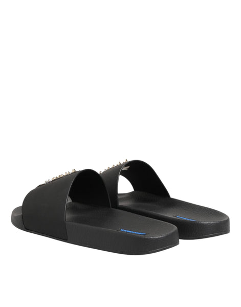 Dolce & Gabbana Black Leather Slides Sandals Beachwear Shoes Dolce & Gabbana