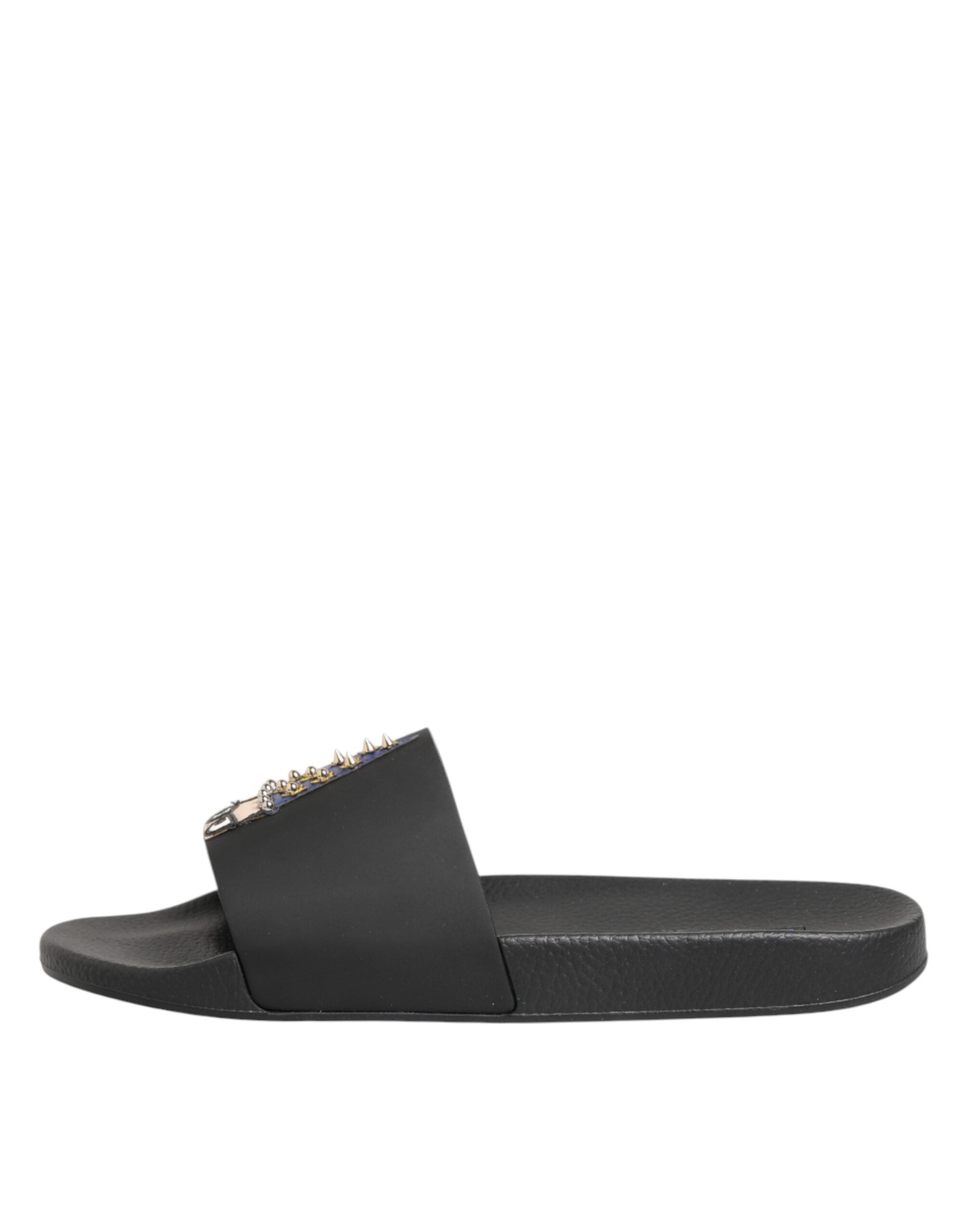 Dolce & Gabbana Black Leather Slides Sandals Beachwear Shoes Dolce & Gabbana