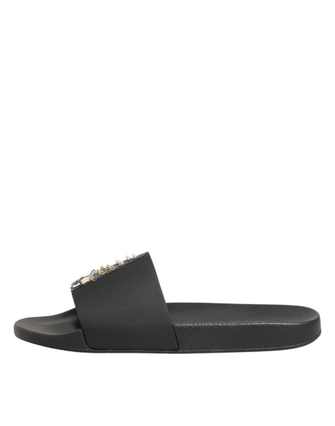 Dolce & Gabbana Black Leather Slides Sandals Beachwear Shoes Dolce & Gabbana