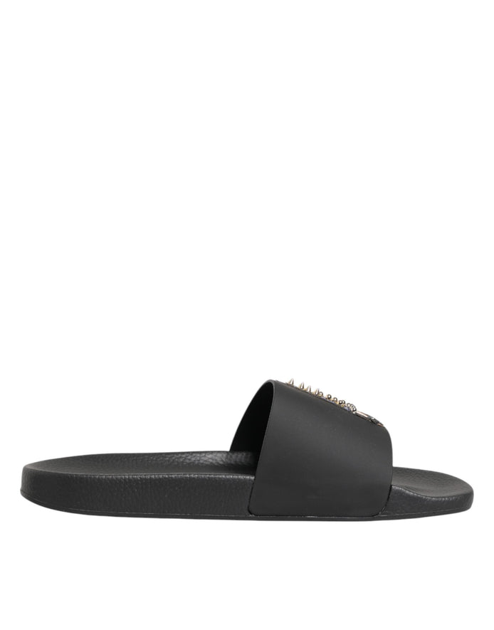 Dolce & Gabbana Black Leather Slides Sandals Beachwear Shoes Dolce & Gabbana