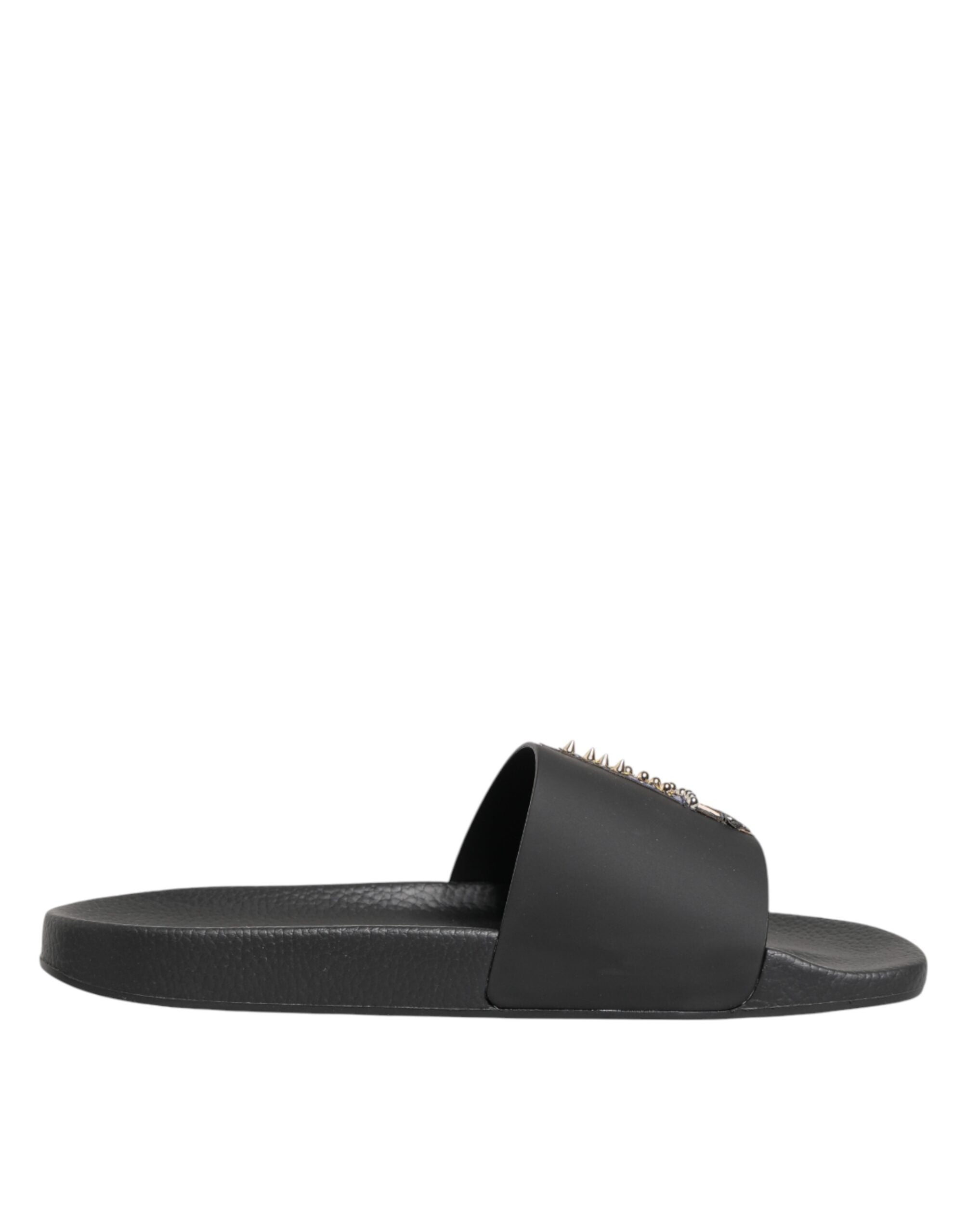Dolce & Gabbana Black Leather Slides Sandals Beachwear Shoes Dolce & Gabbana