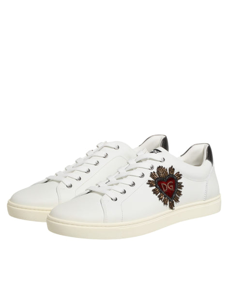 Dolce & Gabbana White Leather Heart Embellished Sneakers Shoes Dolce & Gabbana