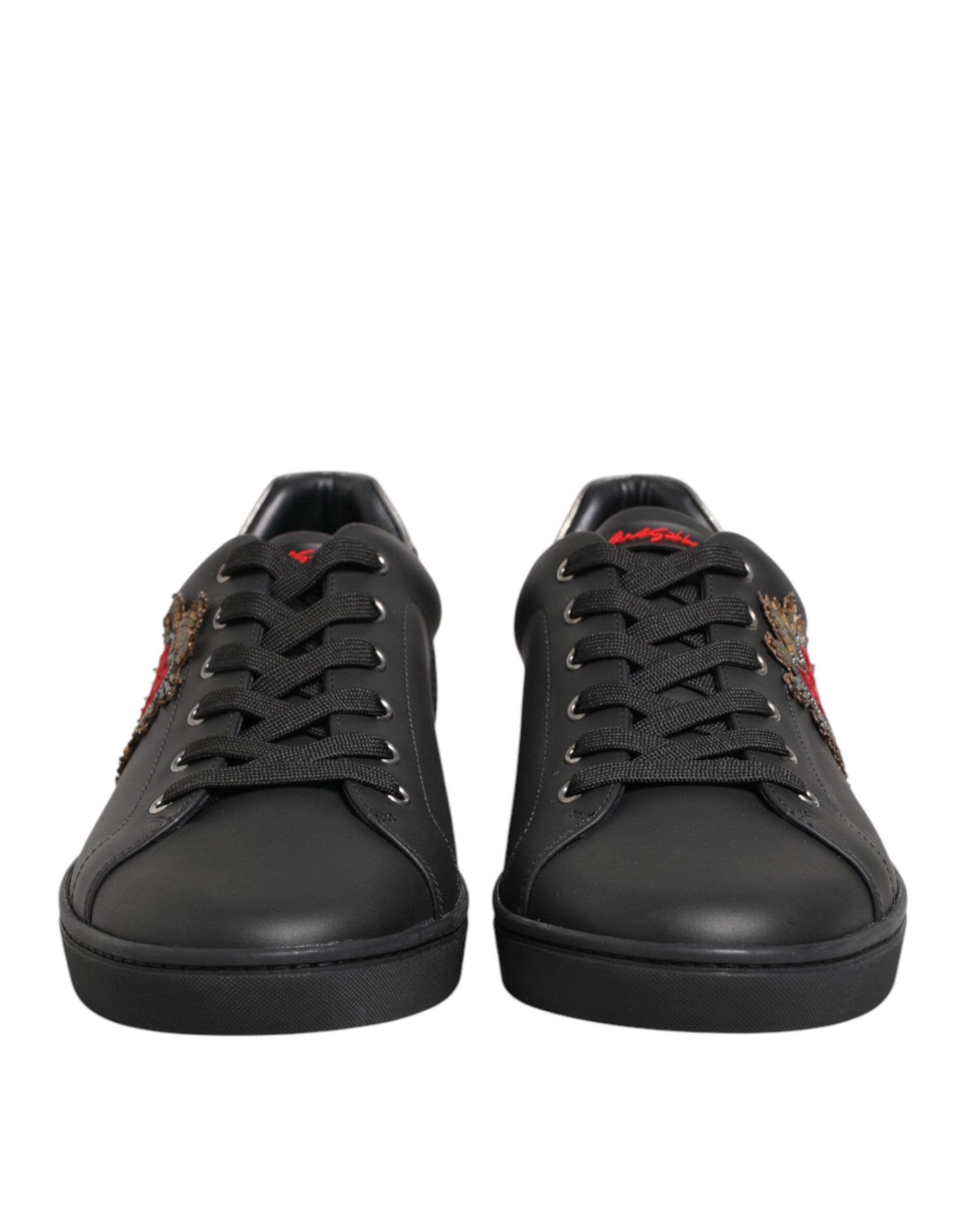 Dolce & Gabbana Black Leather Heart Embellished Sneakers Shoes Dolce & Gabbana