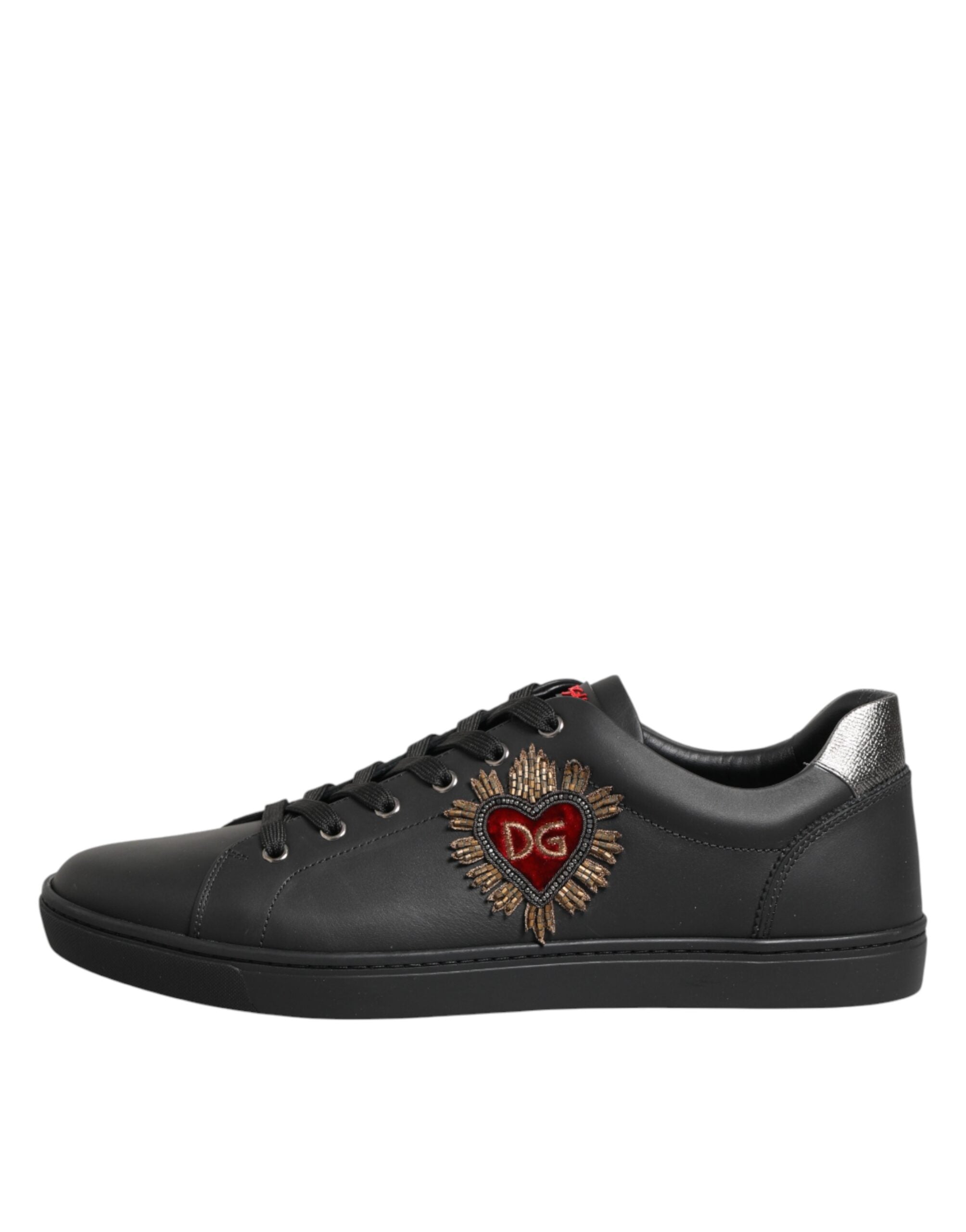 Dolce & Gabbana Black Leather Heart Embellished Sneakers Shoes Dolce & Gabbana