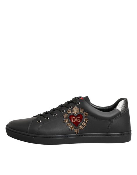 Dolce & Gabbana Black Leather Heart Embellished Sneakers Shoes Dolce & Gabbana