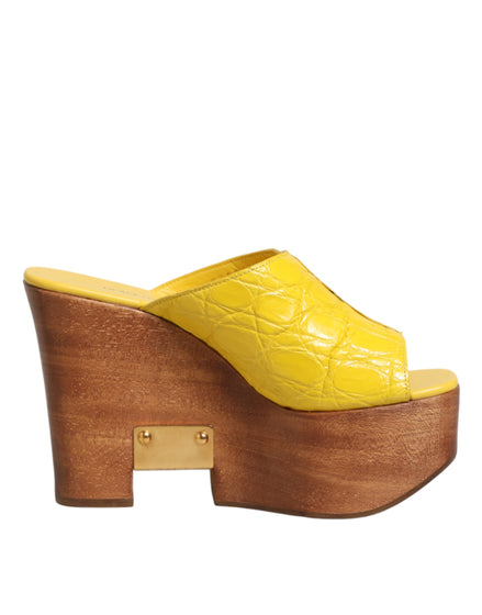 Dolce & Gabbana Yellow Leather Wood Mule Wedge Slides Shoes Dolce & Gabbana