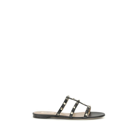 Valentino Garavani Black Calf Leather Bos Taurus Flat Sandals Valentino Garavani