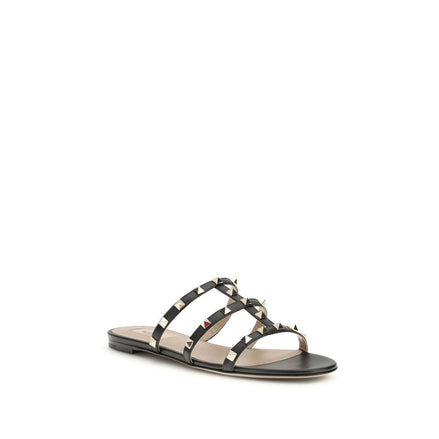 Valentino Garavani Black Calf Leather Bos Taurus Flat Sandals Valentino Garavani