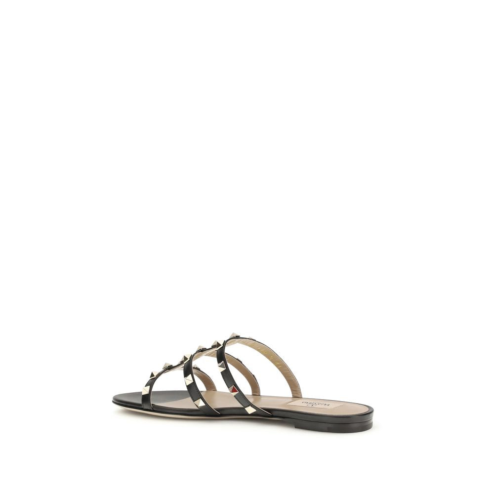 Valentino Garavani Black Calf Leather Bos Taurus Flat Sandals Valentino Garavani