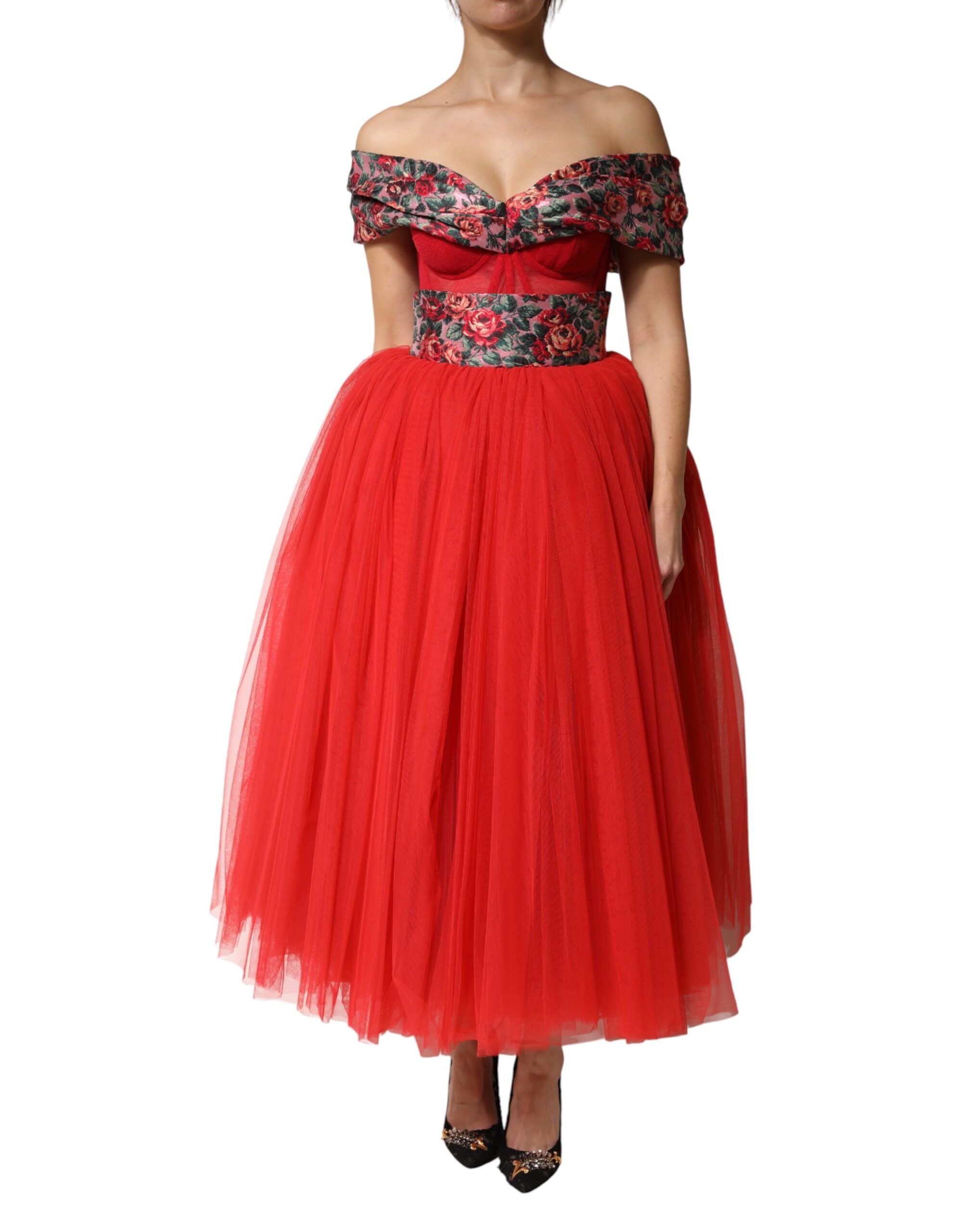 Dolce & Gabbana Red Floral Off Shoulder A-line Gown Dress Dolce & Gabbana