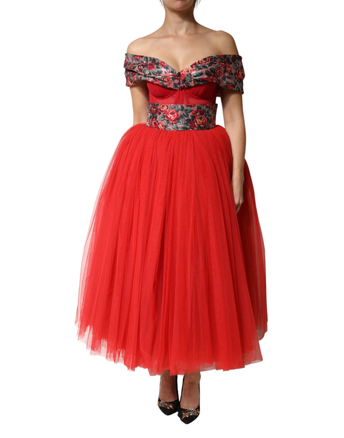 Dolce & Gabbana Red Floral Off Shoulder A-line Gown Dress Dolce & Gabbana