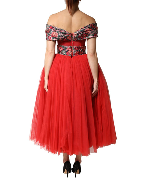Dolce & Gabbana Red Floral Off Shoulder A-line Gown Dress Dolce & Gabbana